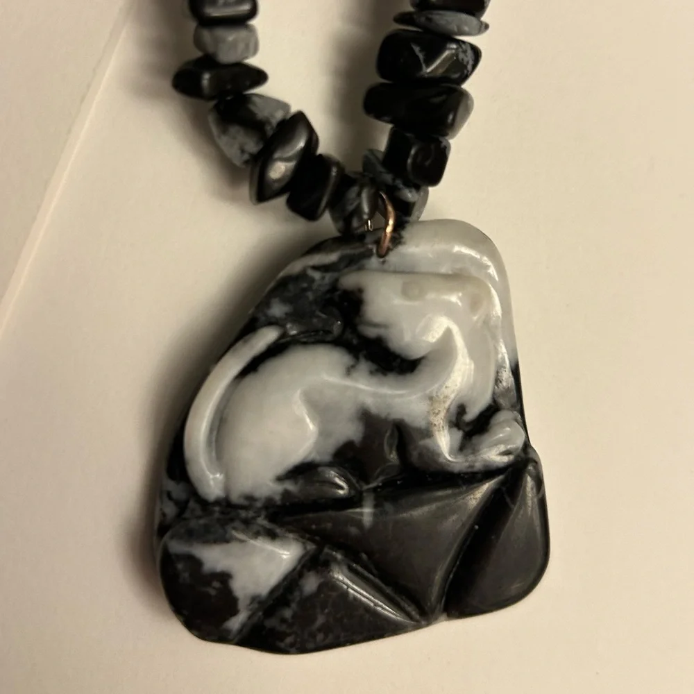 Vintage Necklace Lion Cub hand-carved Jasper stone, Snowflake Obsidian beads